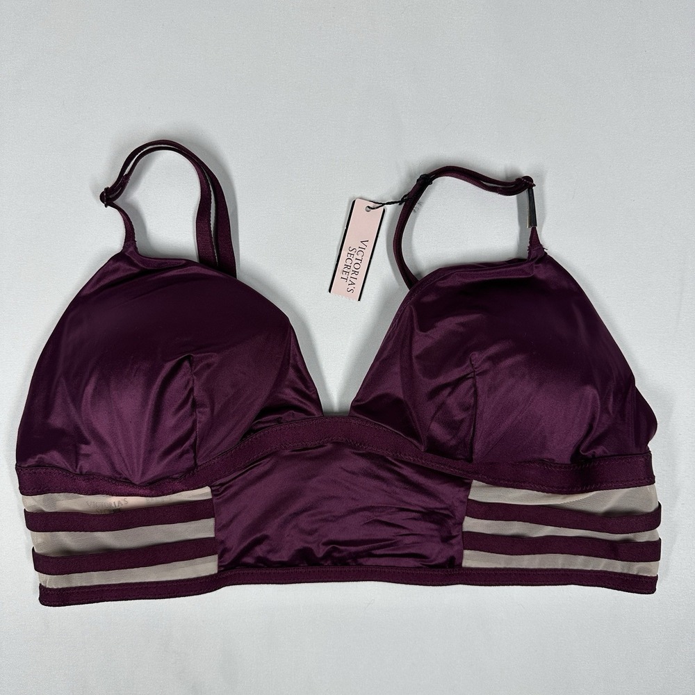 Victoria's Secret Strappy Mesh Long Line Plunge Satin Maroon Bralette Medium NWT
